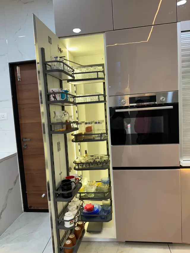 Pantry pull-out tall unit with built-in oven and microwave