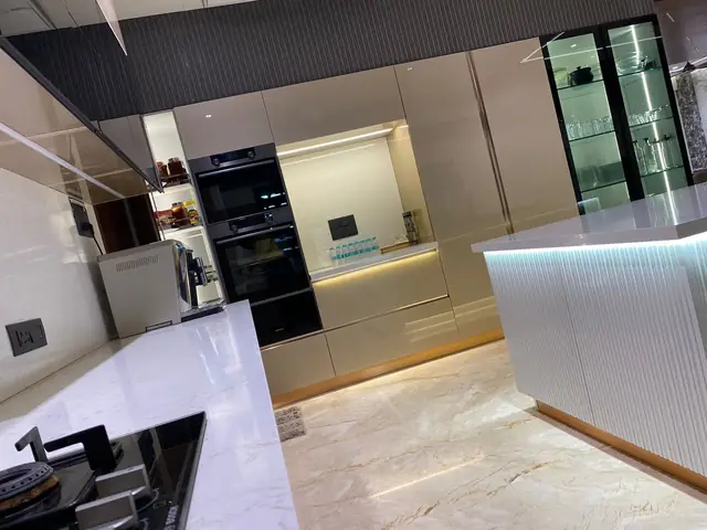 White countertop kitchen with built-in appliances and lighting