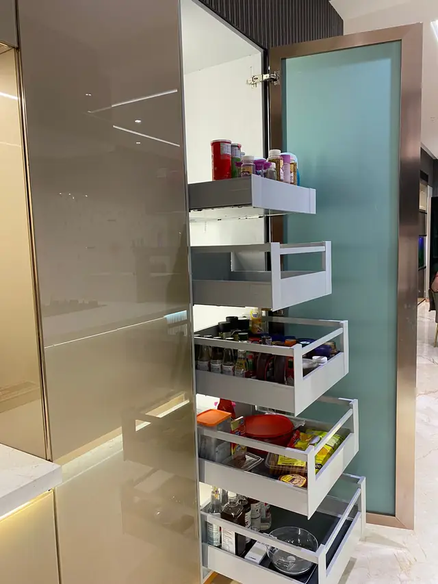 Tall pull-out storage unit with wire baskets and drawers